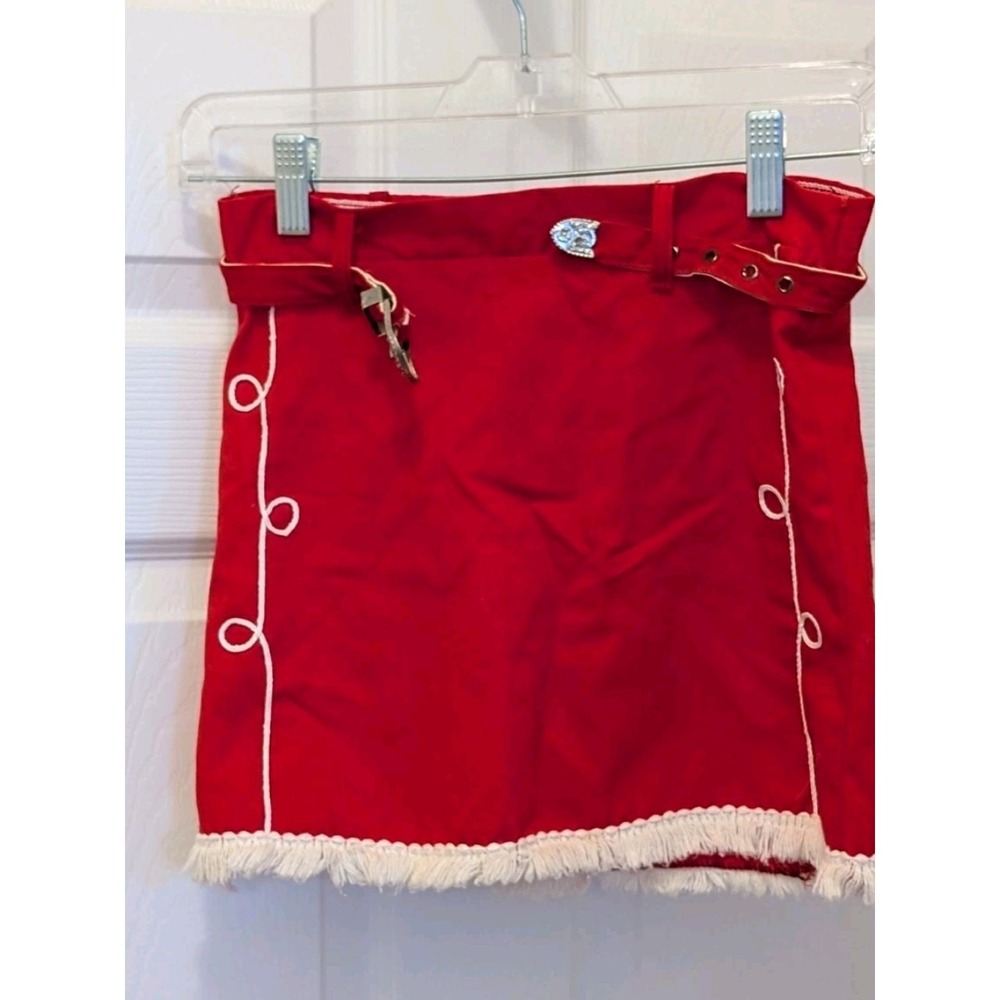 Vintage Sears Red Majorette Ringmaster Mini Skirt White Fringe Trim Buckle Belt